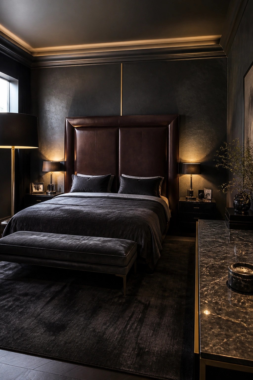 A dark bedroom featuring a large brown leather headboard, dark bedding, two bedside lamps, and a long bench at the foot of the bed.