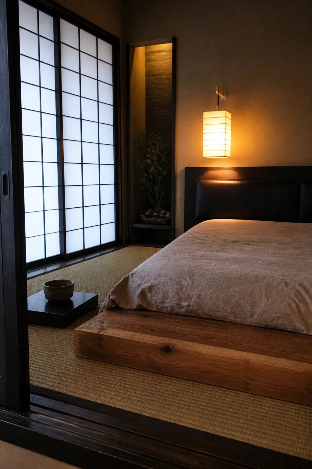A bedroom featuring a low wooden platform bed with a dark leather headboard, tatami mats, a wall sconce with a paper shade, and a shoji screen door on the left.