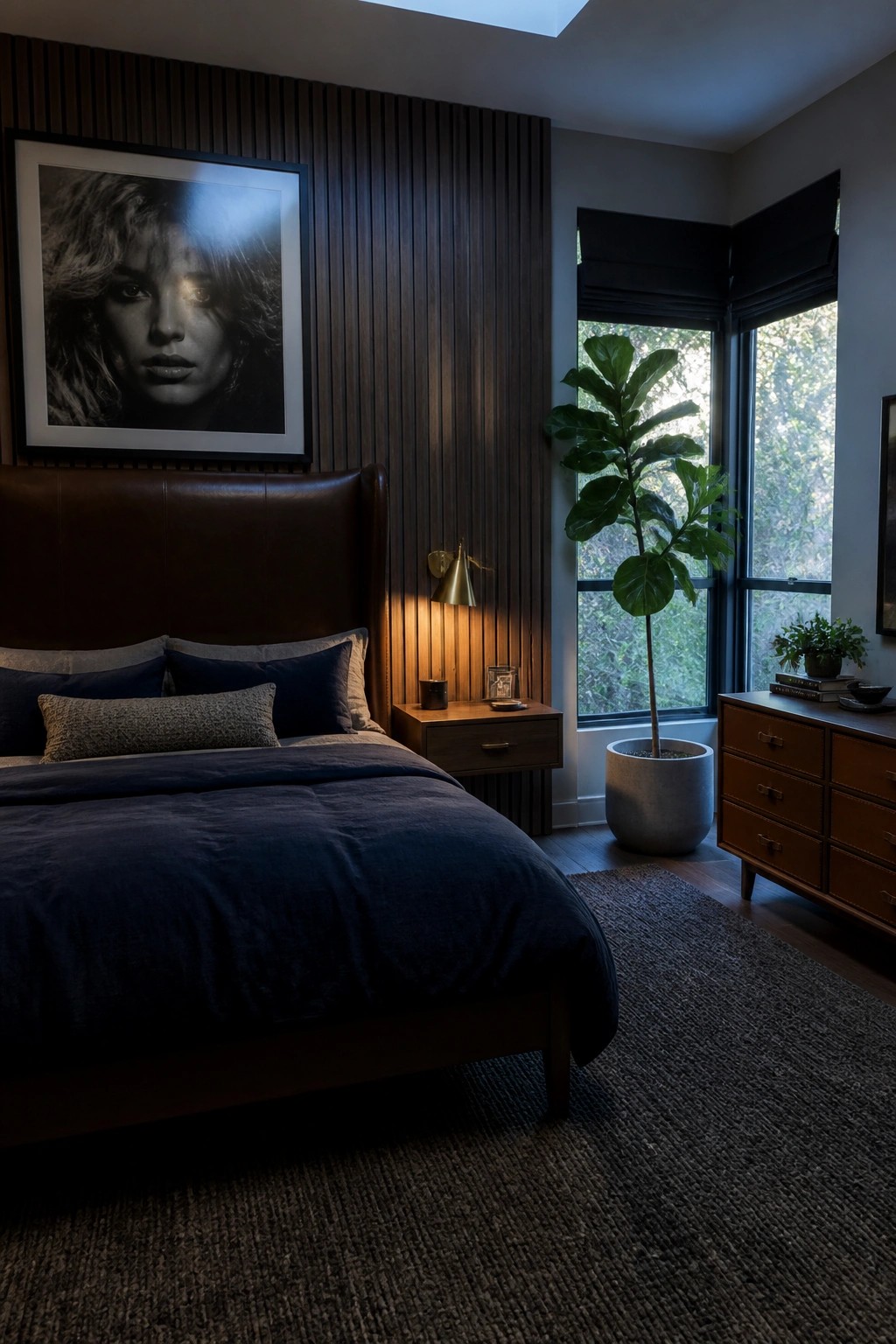 A bedroom featuring a brown leather headboard, dark bedding, vertical wood wall paneling, and a large framed portrait above the bed.