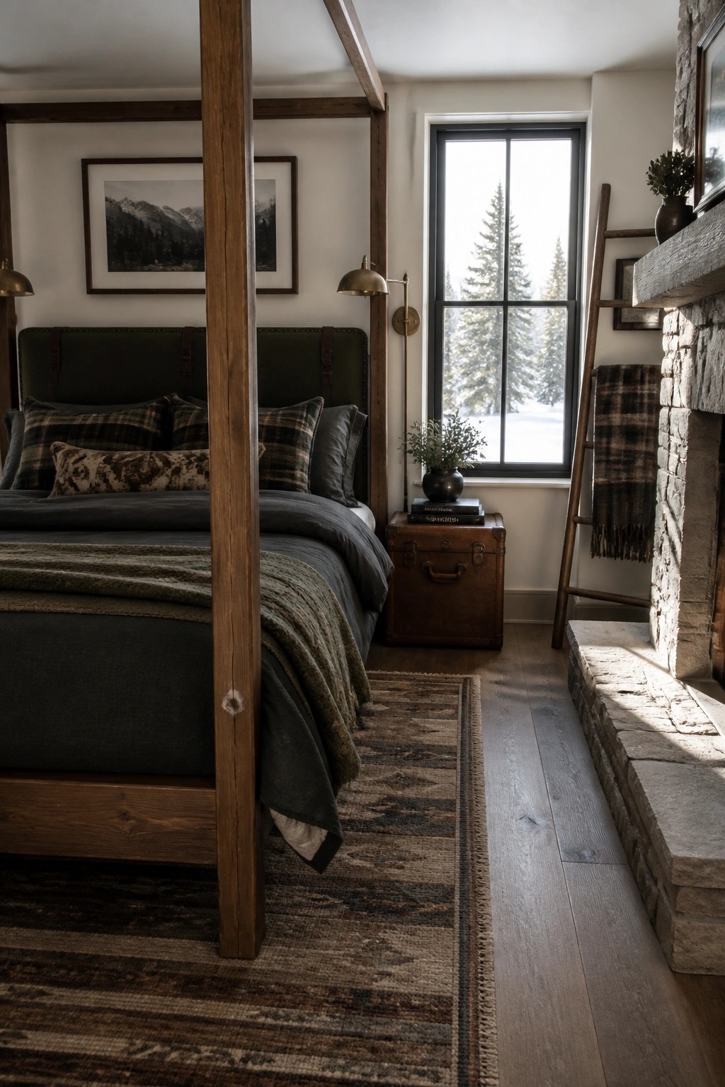 A bedroom featuring a dark four-poster bed with a large green upholstered headboard, dark bedding, wooden floor, patterned rug, and a stone fireplace to the right.