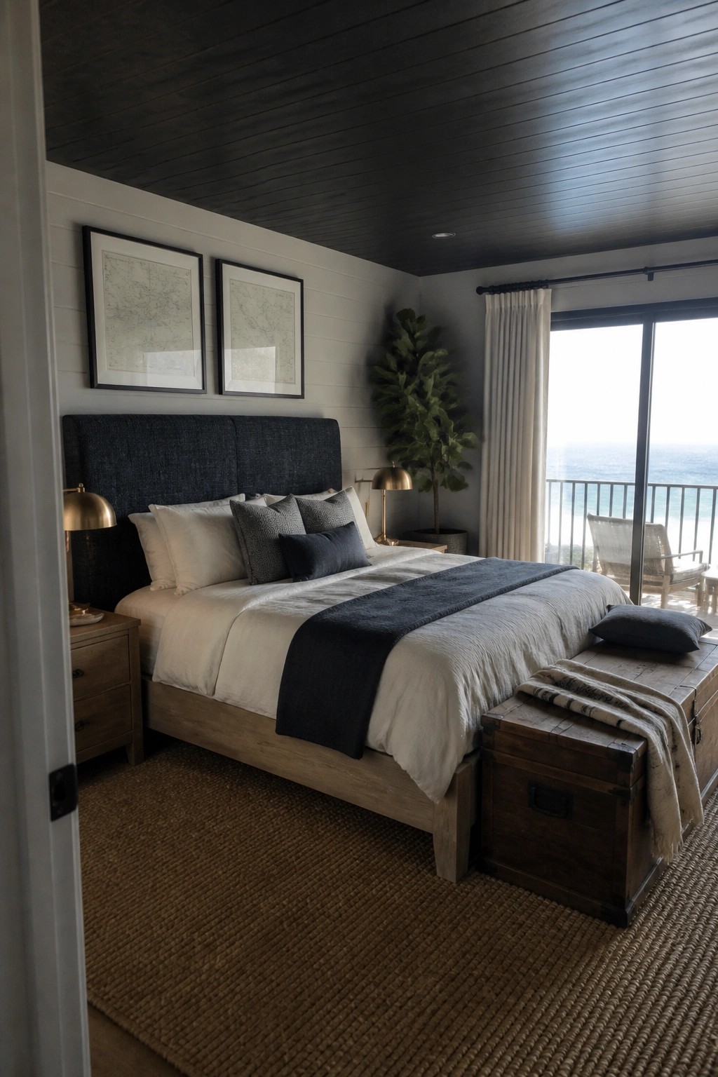 Modern coastal bedroom with blue bed, white linens, wooden trunk, and ocean view.