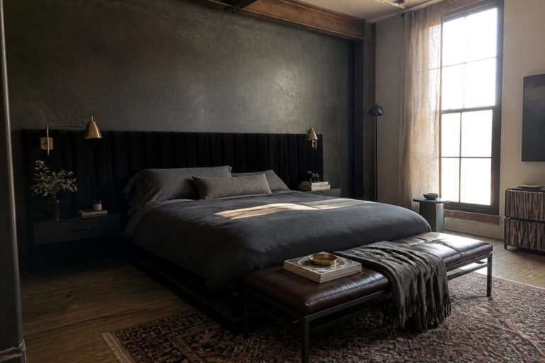 22 Stylish Dark Bedrooms for Men Featuring Oversized Upholstered Headboards A dark bedroom with a large bed, oversized black upholstered headboard, dark bedding, brass wall lamps, and a patterned rug on wood flooring.