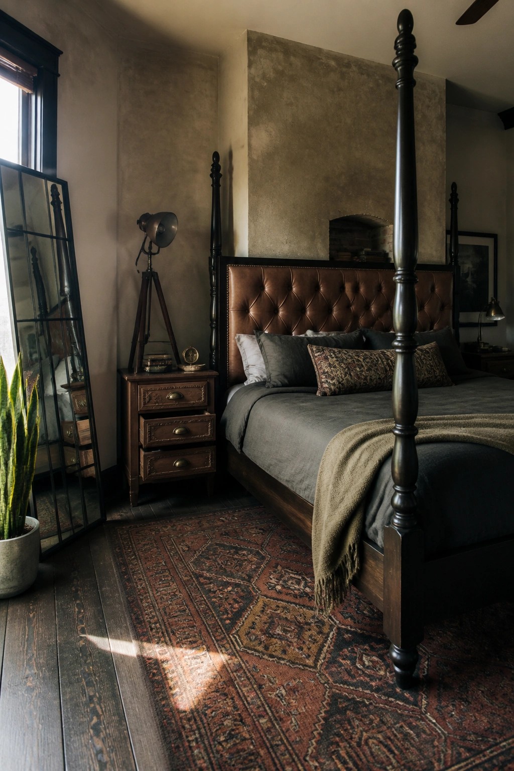 A dark masculine bedroom featuring a large bed with a brown tufted upholstered headboard, gray bedding, a wooden nightstand, and a patterned rug on dark floors.