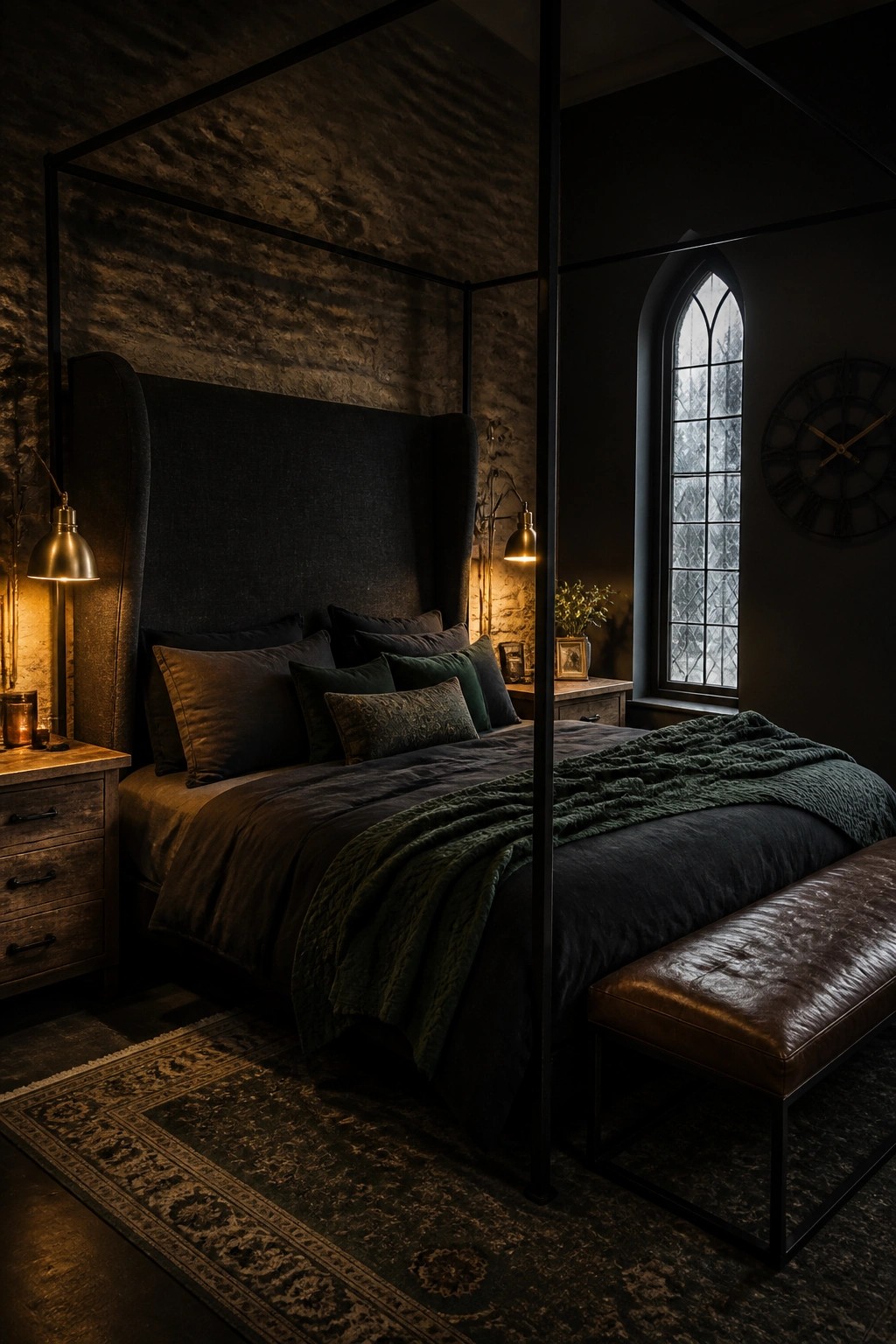 A dark bedroom with a tall upholstered headboard on a four-poster bed, layered dark bedding, a leather bench at the foot, and a tall arched window on the right.
