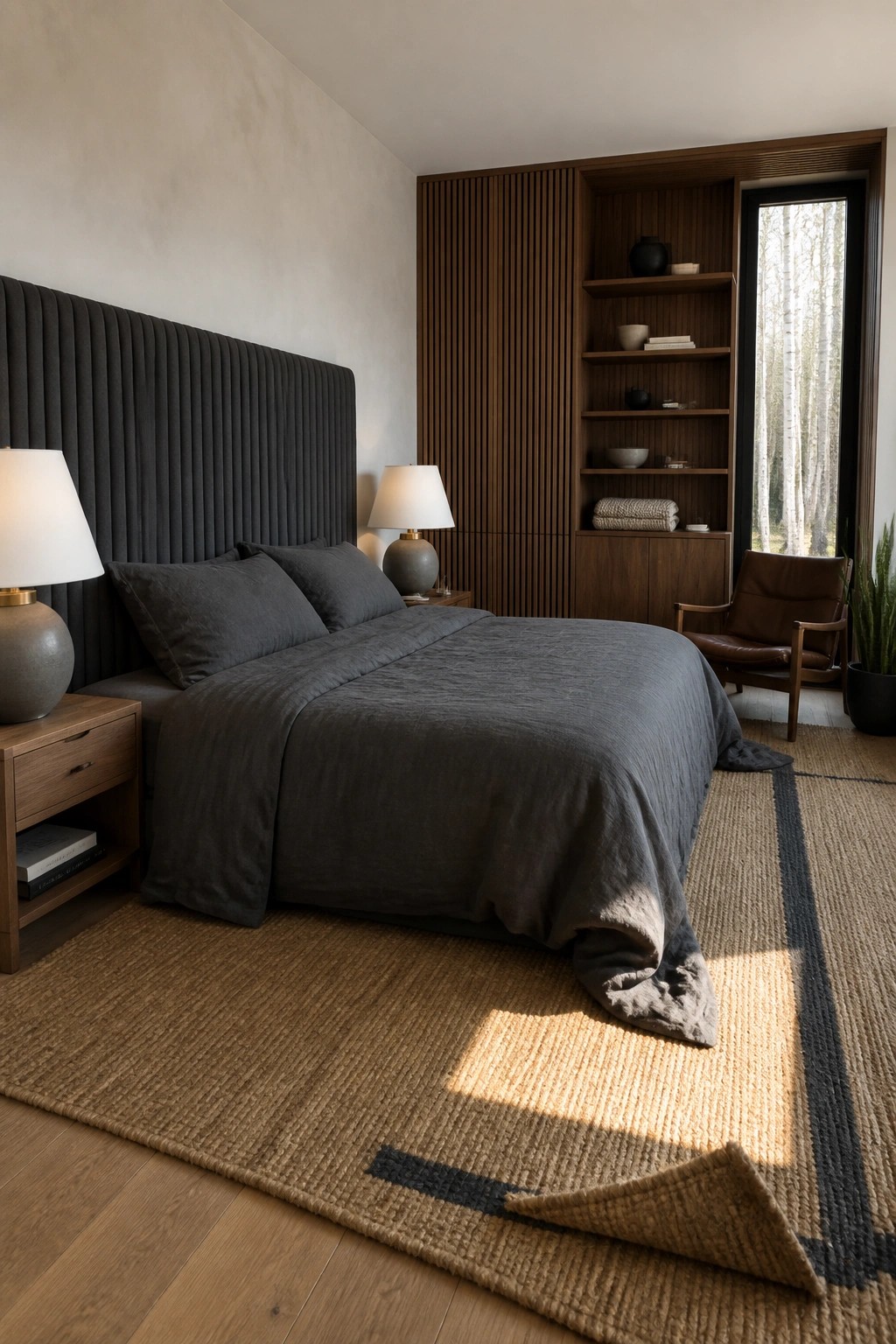 A modern bedroom featuring a large dark gray upholstered headboard, matching bedding, wooden nightstands, built-in wood shelving, a brown leather chair, and a woven rug with dark stripes.