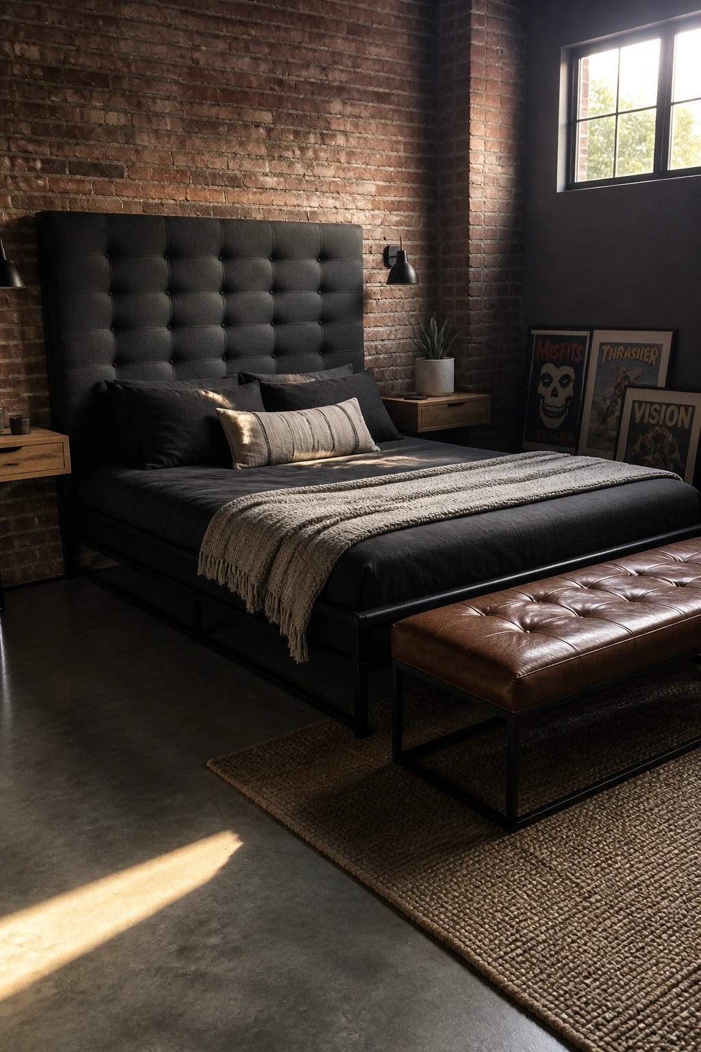 A bedroom with a large dark gray tufted headboard against a red brick wall, black bedding, a brown leather bench, and framed posters on the wall.
