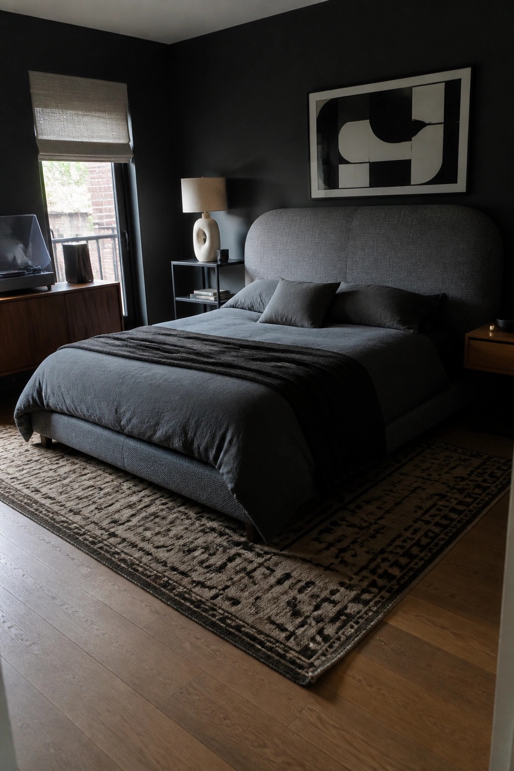 A dark bedroom with black walls shows a large gray upholstered headboard on a bed dressed in matching dark linens, with a patterned rug on the wood floor.