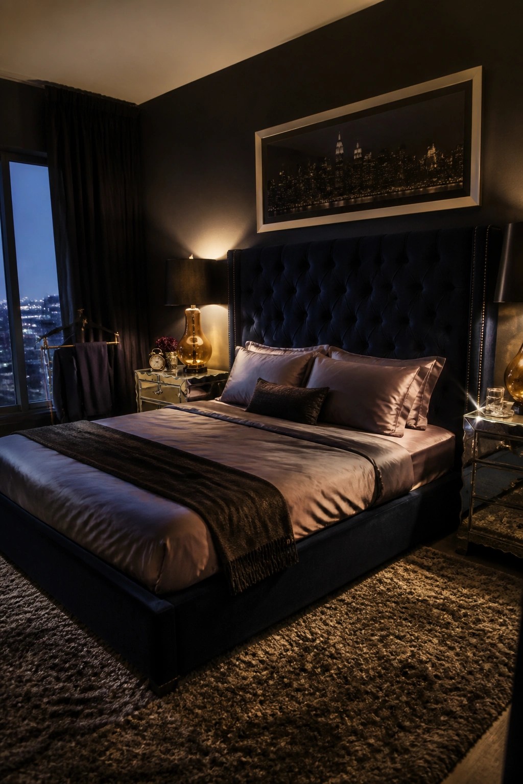 A dark bedroom featuring a large navy tufted upholstered headboard, satin bedding, nightstands with lamps, and a city skyline artwork above the bed.