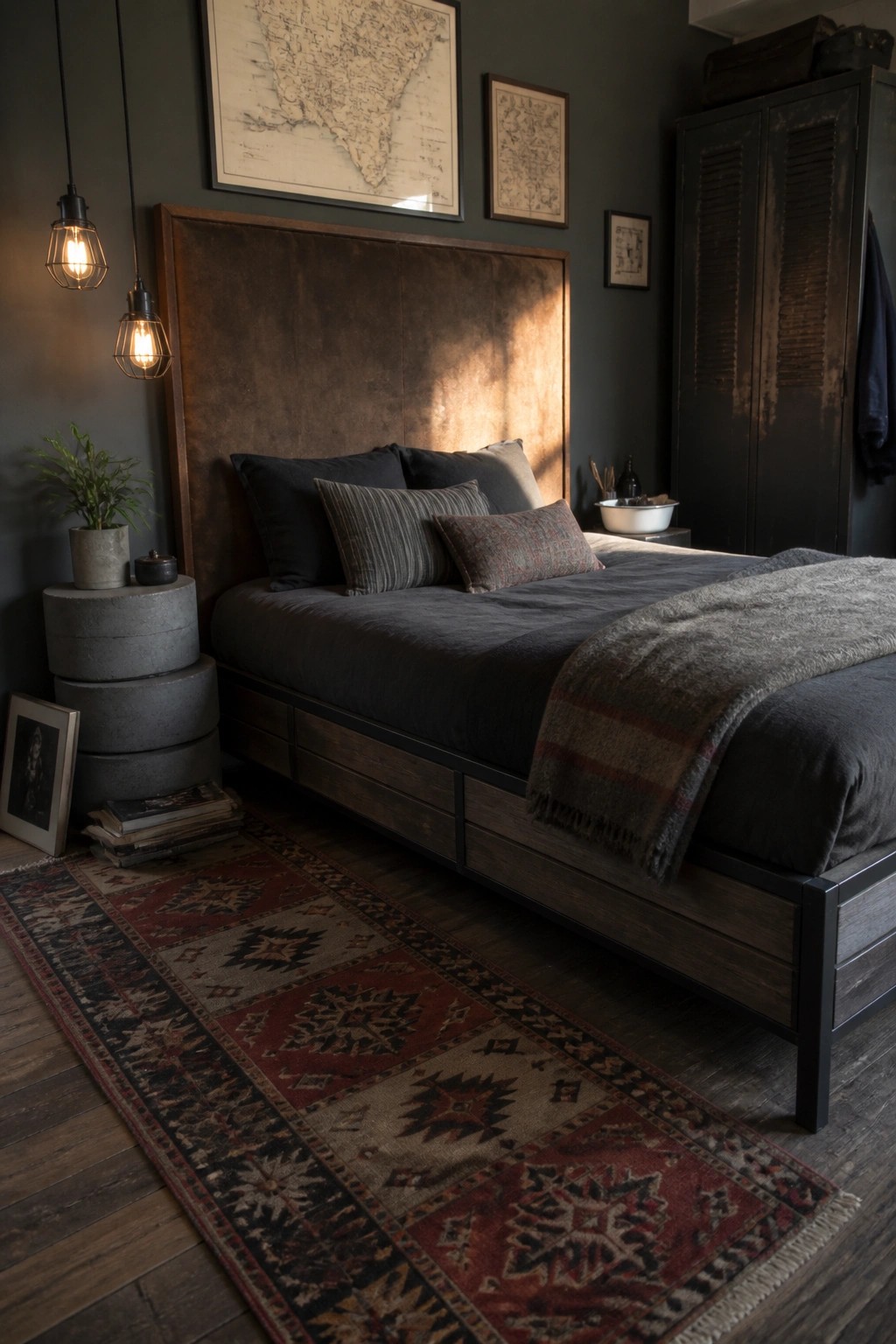 A bedroom featuring a large brown upholstered headboard on a dark wooden bed frame with black bedding and a patterned rug.