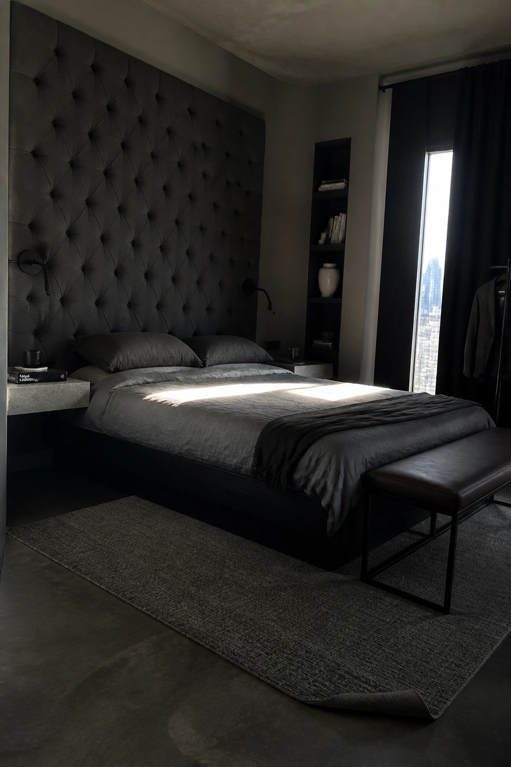 A dark bedroom featuring a large tufted upholstered headboard behind the bed with sunlight across the gray bedding.