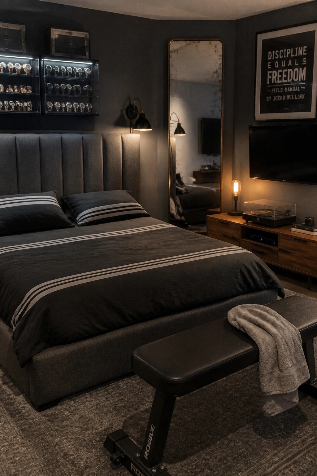 A dark bedroom featuring a large gray upholstered headboard on a bed with striped bedding, flanked by illuminated watch displays and a full-length mirror.