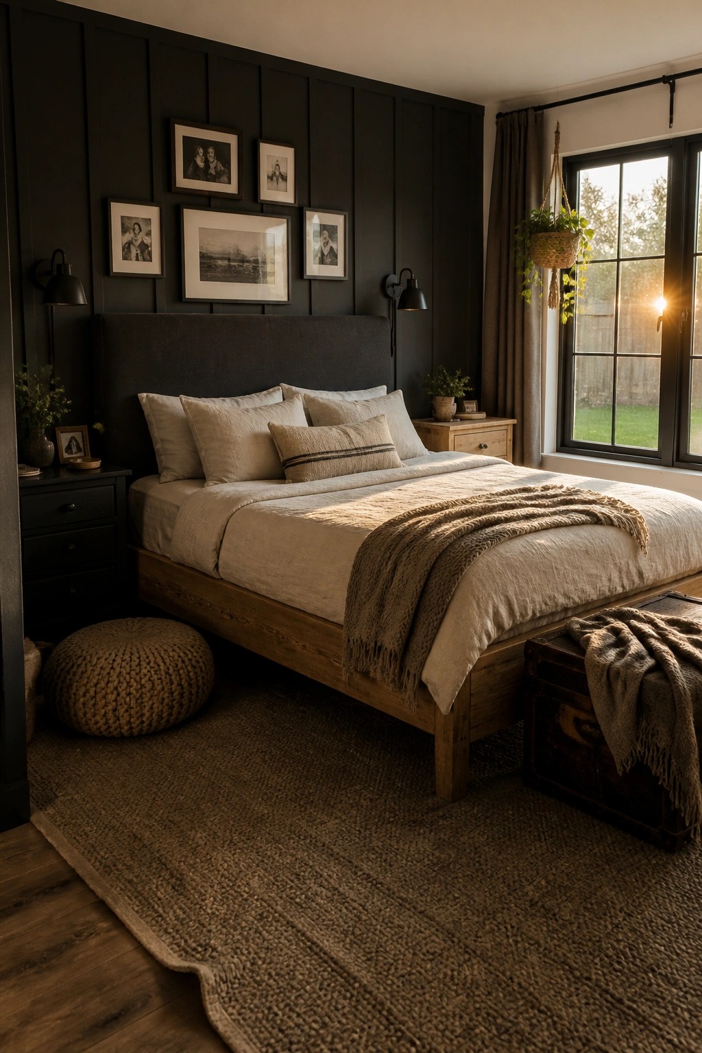 A bedroom featuring a large dark upholstered headboard on a wooden bed against black paneled walls, with neutral linens and a window on the right side.