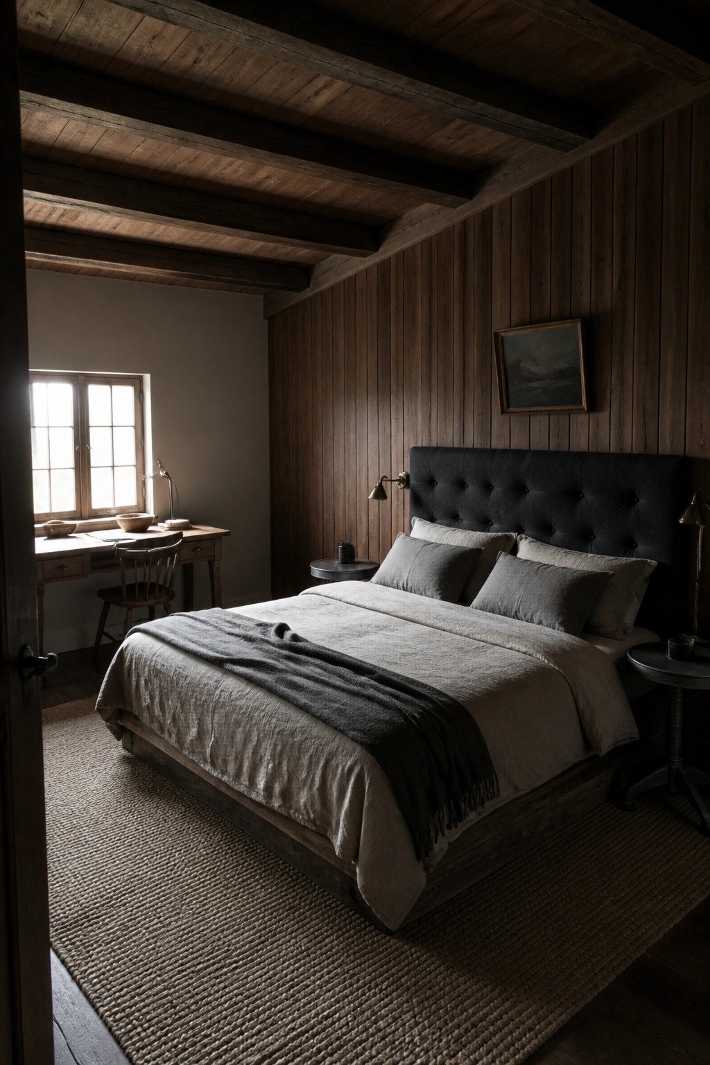 A bedroom with a large dark tufted upholstered headboard on a wooden bed, gray bedding, dark wood walls, and a desk near a window.