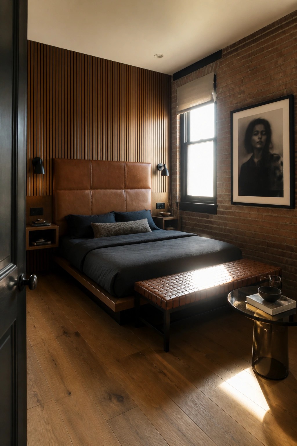 A bedroom with a large brown leather upholstered headboard on a platform bed, dark gray bedding, wood floors, and a brick wall on the right.