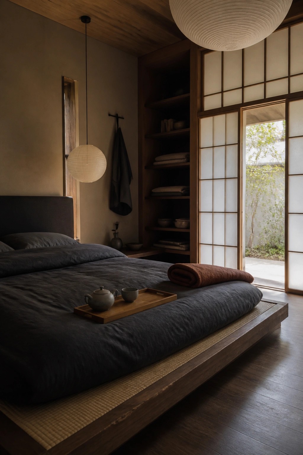 A dark bedroom featuring a large upholstered headboard on a low wooden platform bed with dark gray bedding and a wooden tray holding a teapot.