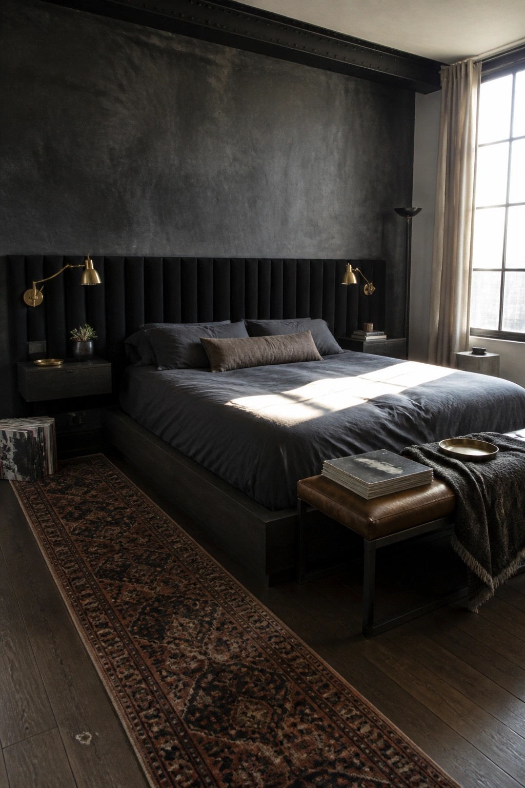 A dark bedroom with a large bed, oversized black upholstered headboard, dark bedding, brass wall lamps, and a patterned rug on wood flooring.