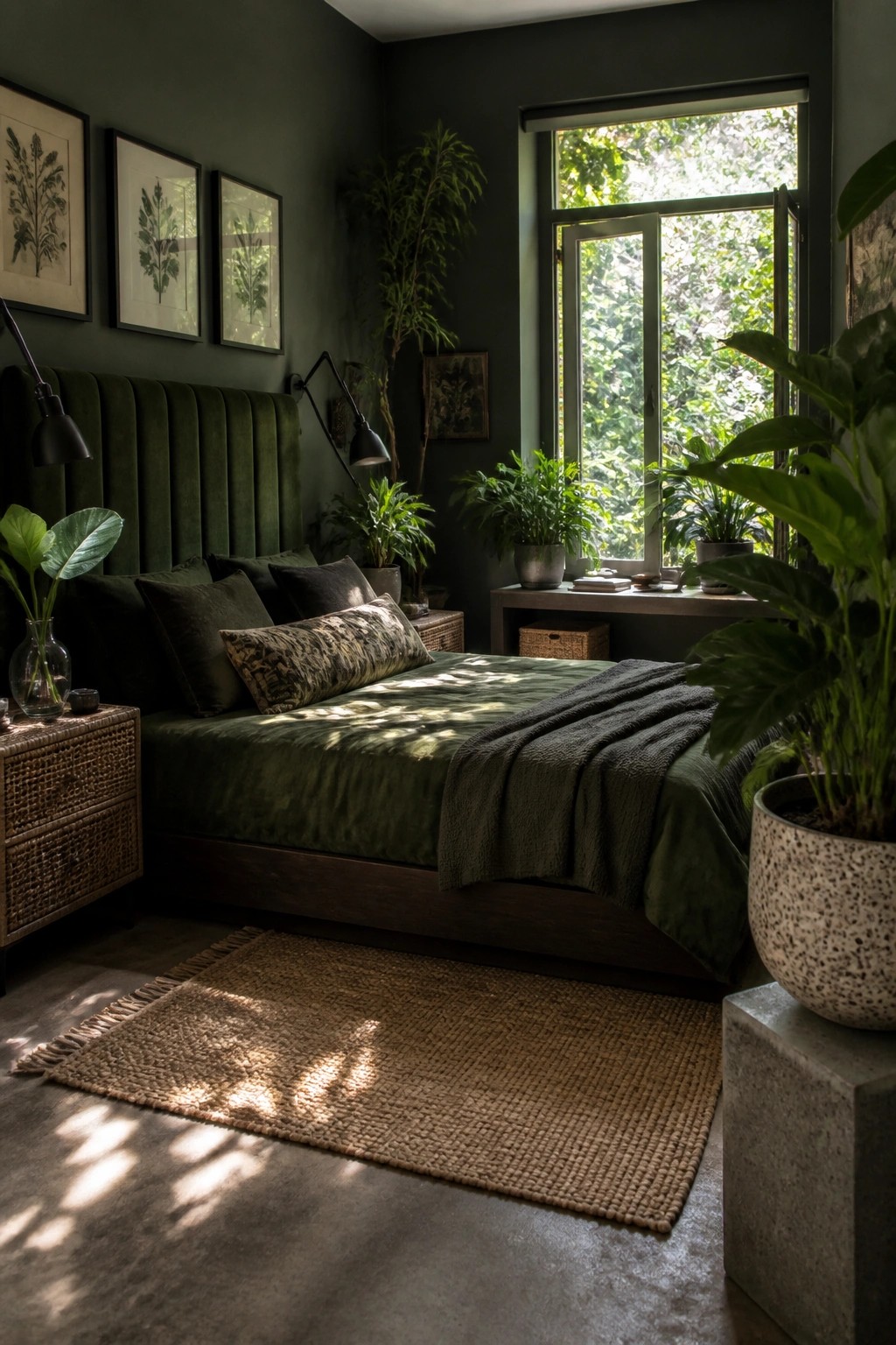 A dark green bedroom featuring a large upholstered headboard on a wooden bed frame, with layered bedding and houseplants placed around the room.