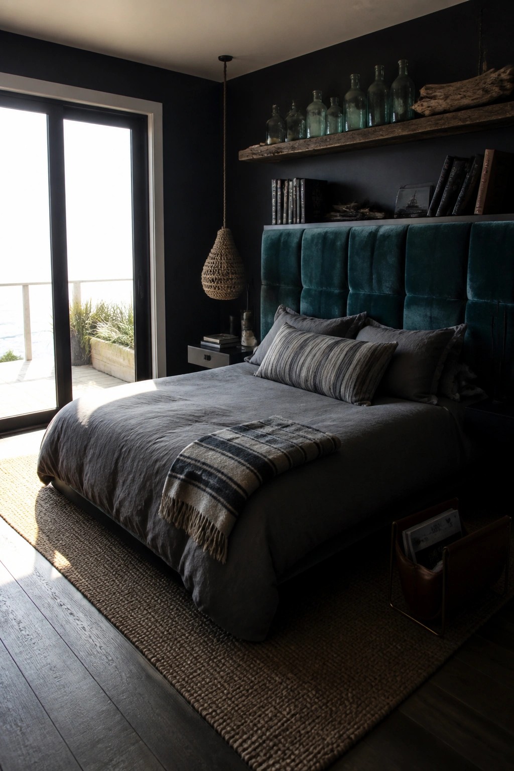 Dark bedroom with teal velvet headboard, gray bedding, woven lamp, and ocean view