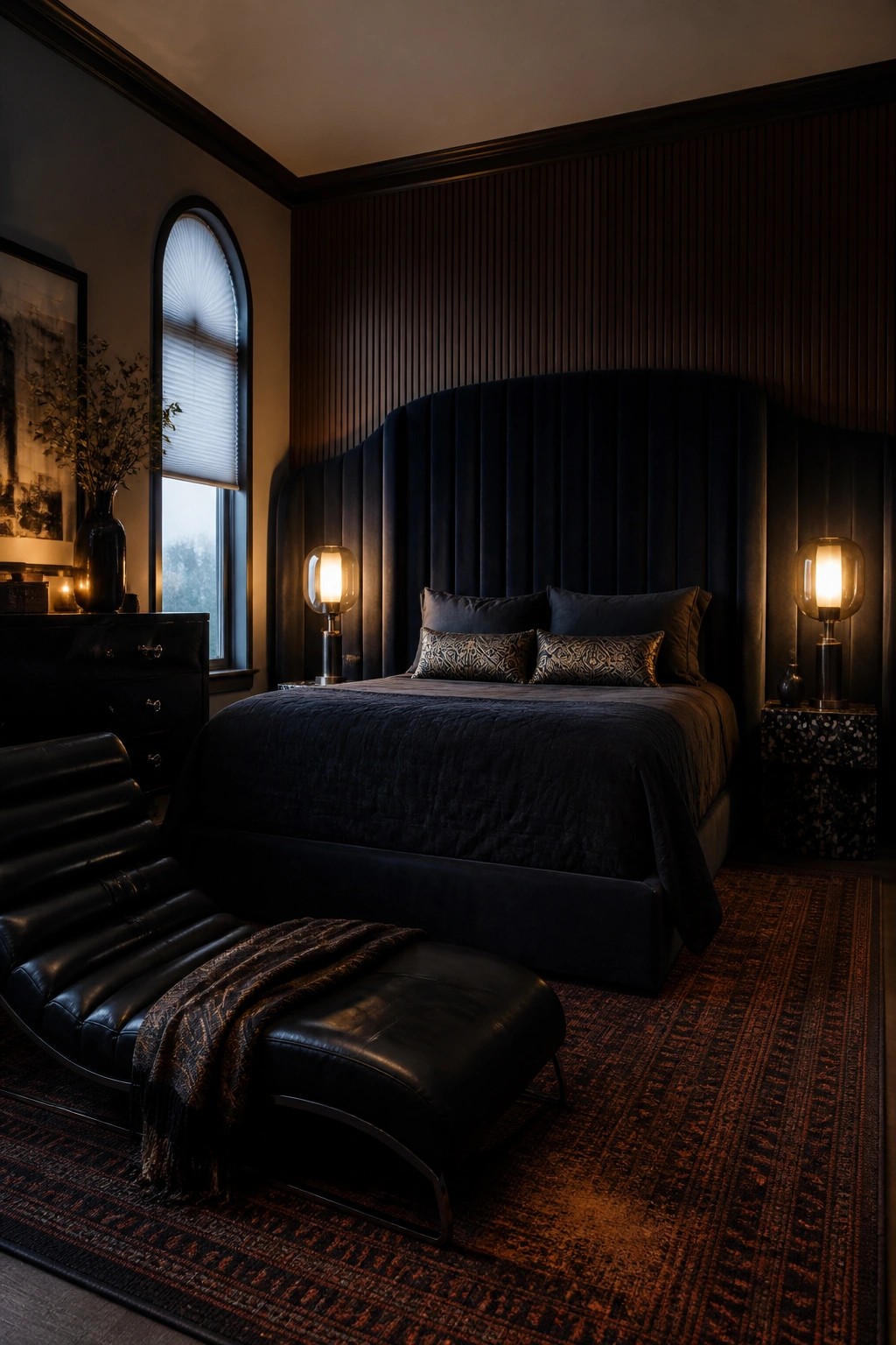 A dimly lit bedroom with a large curved navy upholstered headboard, dark bedding, two lit table lamps, a black leather chaise lounge, and a patterned rug.