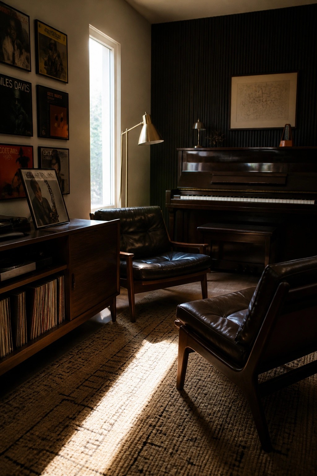 A mid-century interior shows a dark wood upright piano against a slatted wall, two brown leather armchairs on a woven rug, a wooden record console with vinyl storage, and framed album covers on a light wall beside a window.