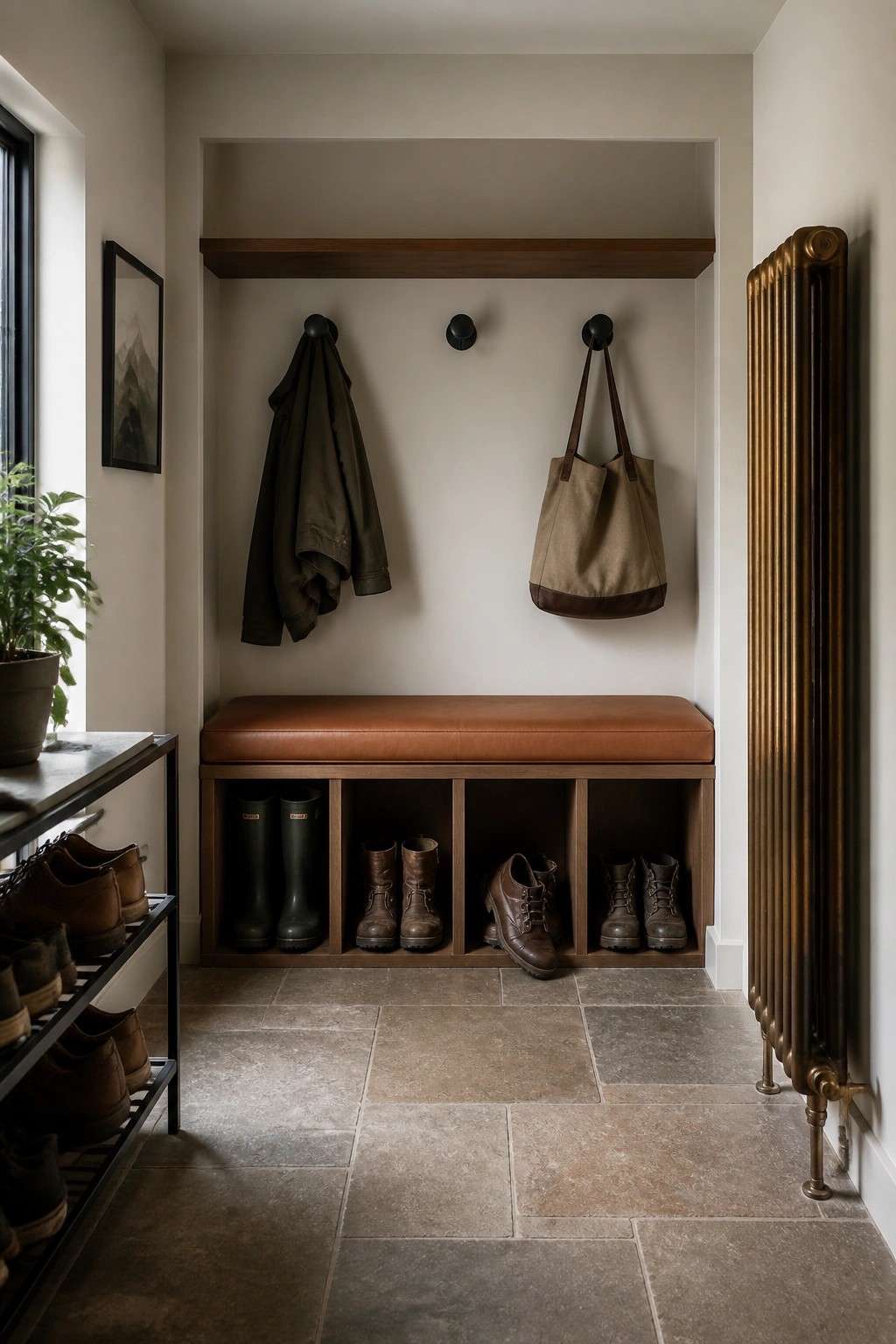 An entryway nook with a brown leather bench over wooden cubbies holding boots, wall hooks above with a jacket and tote bag, and a tall radiator on the right.
