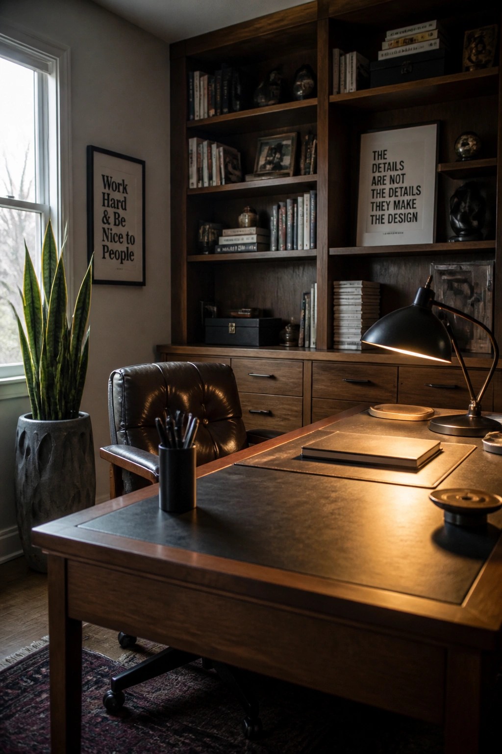 A home office with a large wooden desk, brown leather chair, built-in dark wood bookshelves, desk lamp, and a potted snake plant beside a window.