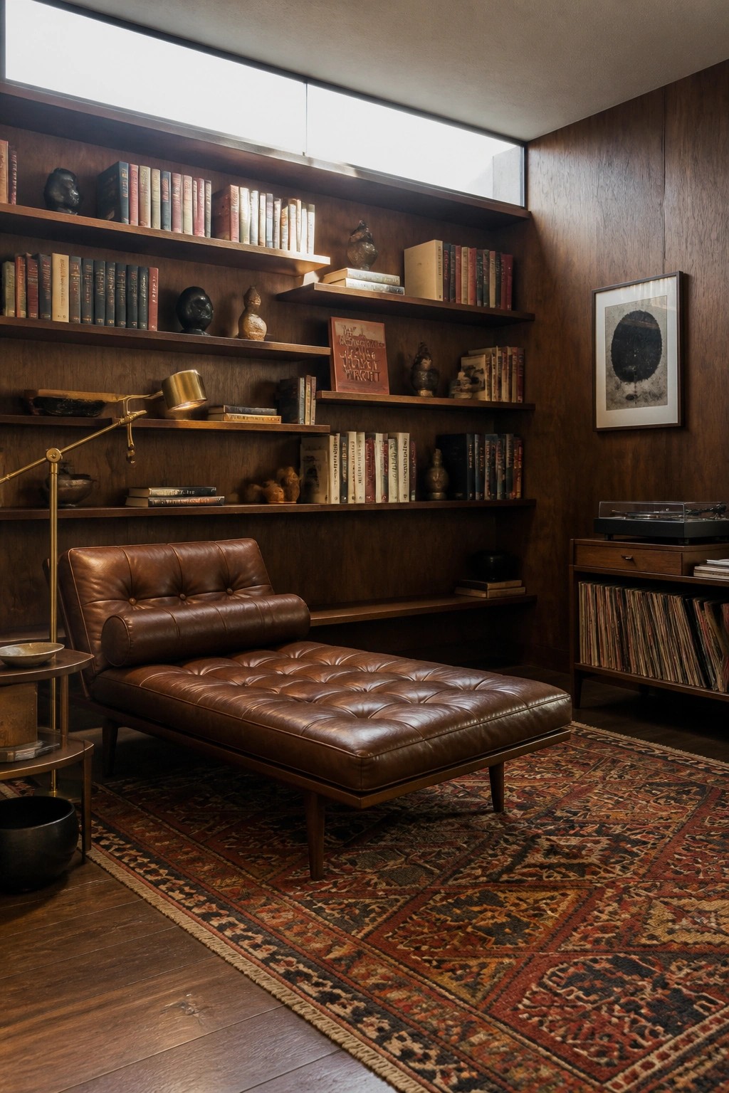 A room with built-in dark wood bookshelves filled with books and objects, a brown leather chaise lounge, a patterned rug, and wood paneling on the walls.