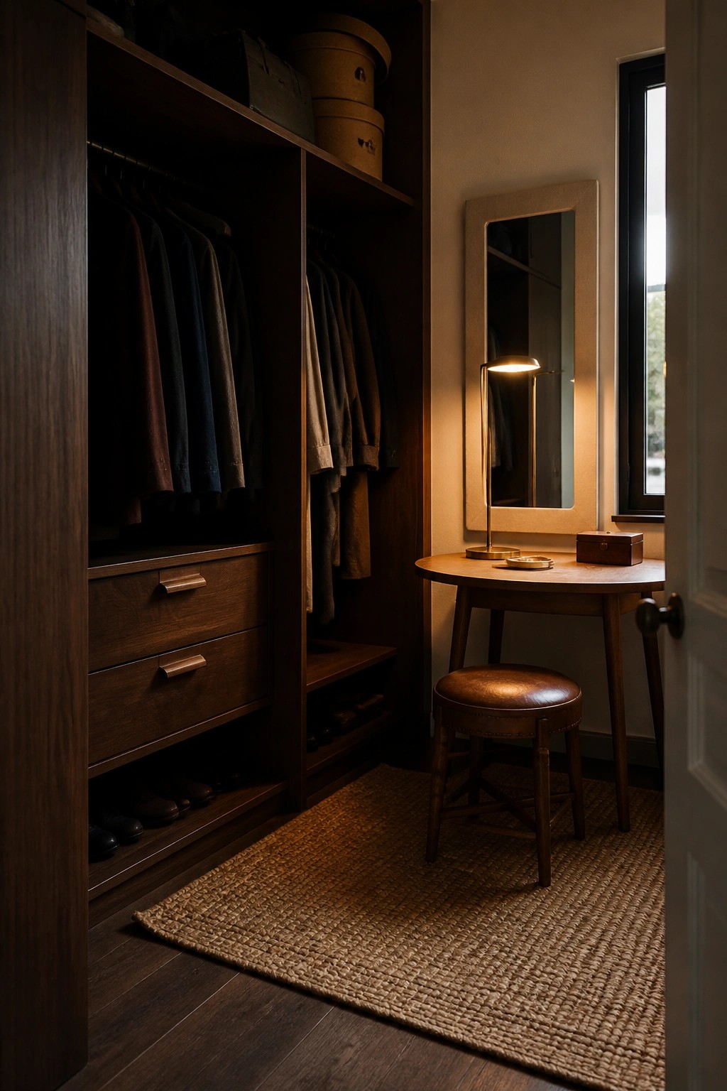 Open dark wood closet with clothes beside lit vanity mirror, table, and leather stool on rug.