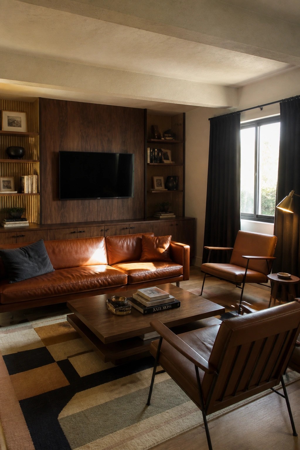 A living room featuring a brown leather sofa facing a wall of dark wood built-in cabinets and shelves with a flat-screen television mounted in the center, two leather armchairs nearby, and a wooden coffee table on a striped rug.