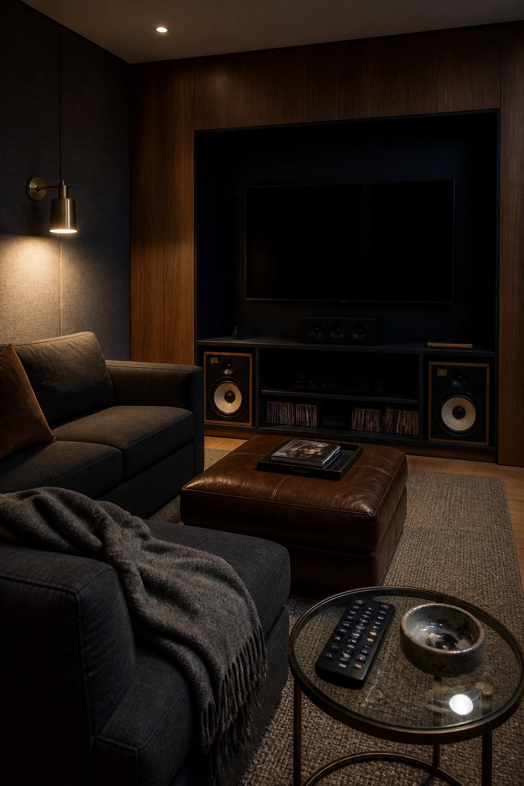A living room with a large television set into a dark wood built-in wall that includes speakers and open shelving, next to a gray sofa and brown leather ottoman.