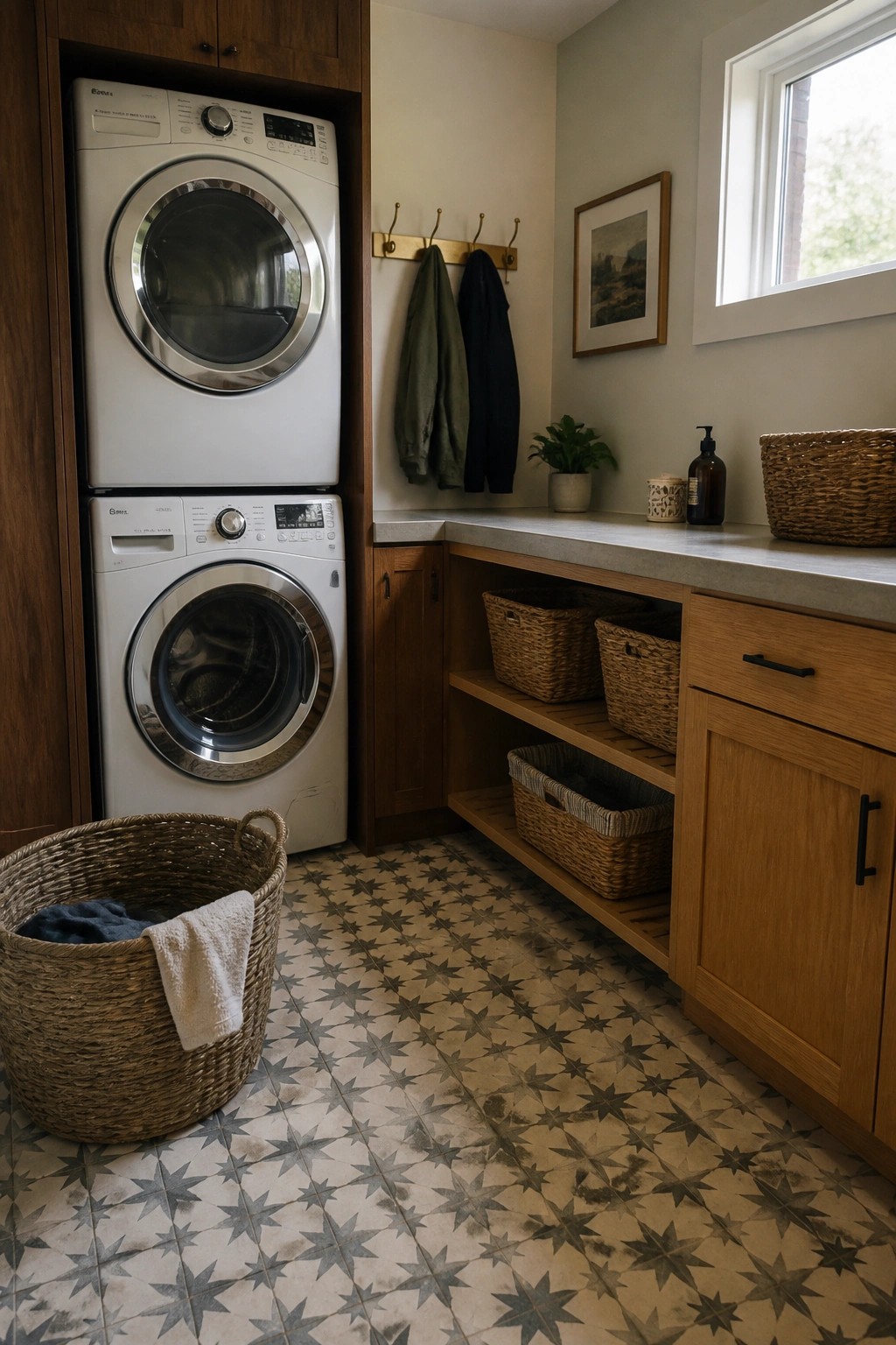 A laundry room featuring stacked white washer and dryer units, wooden built-in cabinets and open shelves with woven baskets, a gray countertop, and patterned tile flooring.