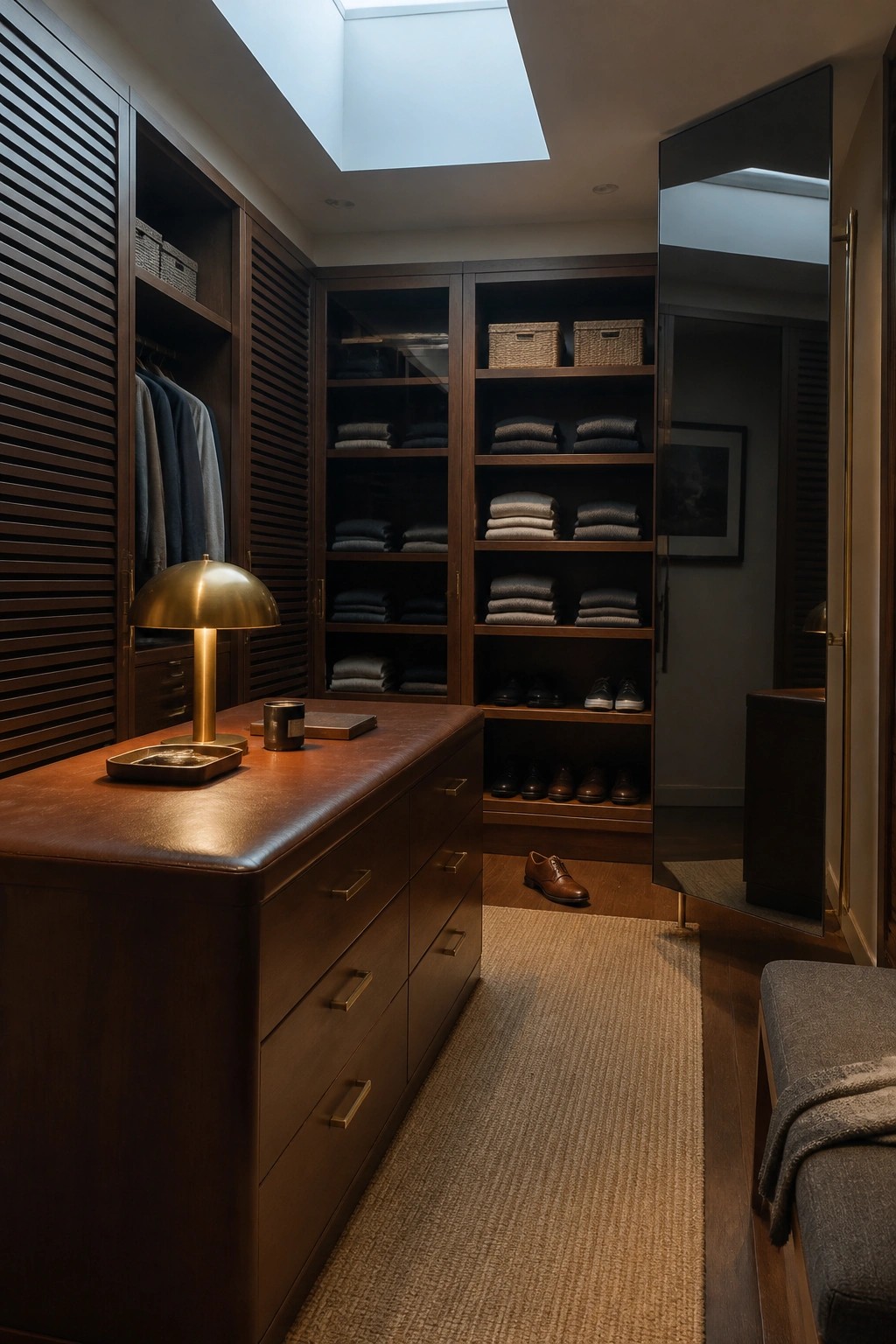 A dark wood walk-in closet featuring a central leather-topped island with drawers, open shelving holding folded clothing and shoes, and a brass lamp on the island surface.
