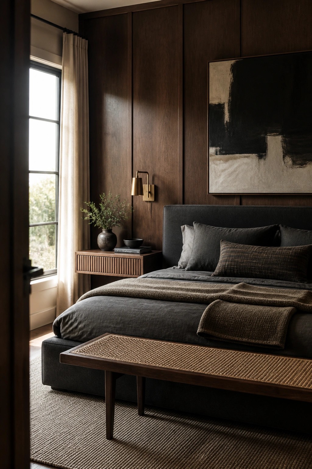 A bedroom interior with dark wood paneled walls, a large bed dressed in gray and brown linens, a wooden nightstand, wall sconce, and abstract artwork.
