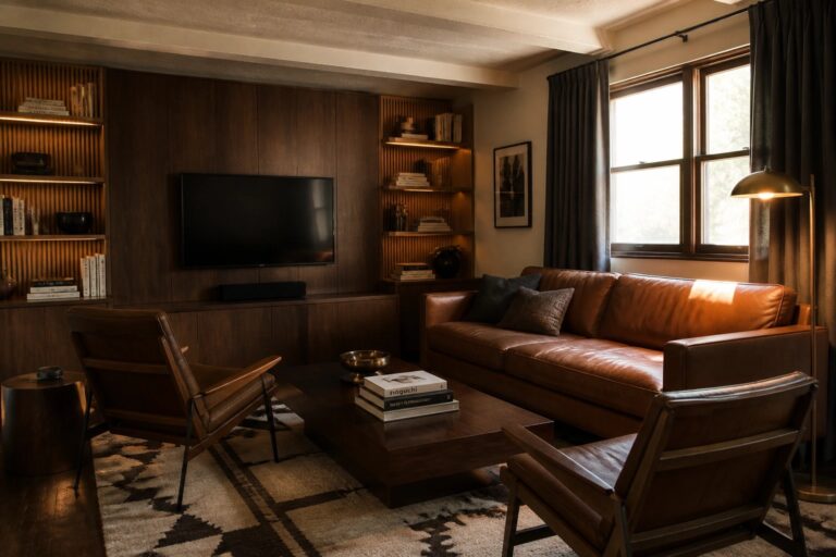22 Timeless Mid-Century Modern Masculine Interiors With Rich Wood Tones A living room featuring a brown leather sofa facing a wall of dark wood built-in cabinets and shelves with a flat-screen television mounted in the center, two leather armchairs nearby, and a wooden coffee table on a striped rug.