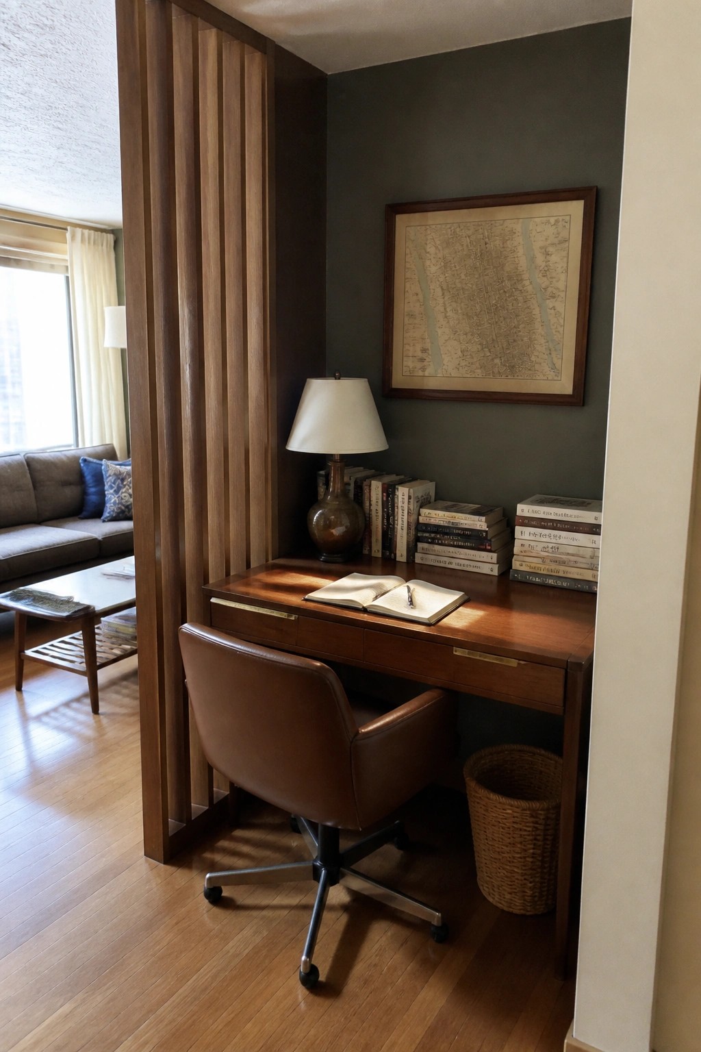 Wooden desk with open book, leather chair, lamp, books, and framed map in nook