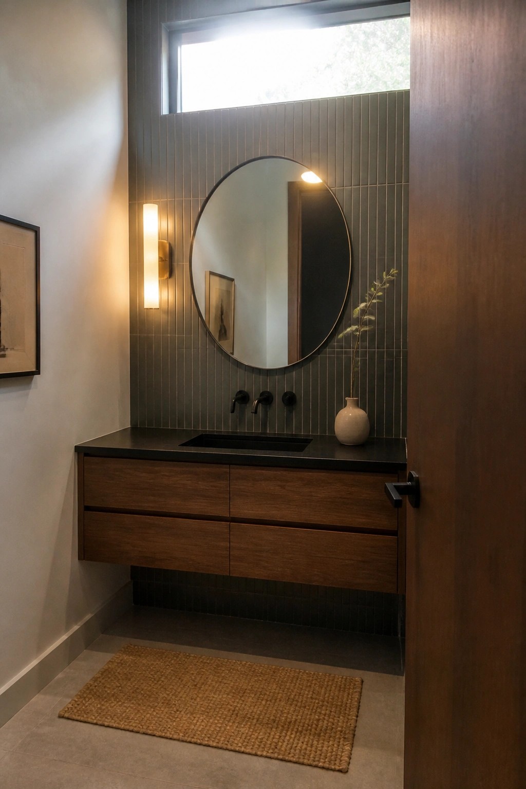 A bathroom vanity with a floating wood cabinet, black countertop and sink, round mirror above, and a woven rug on the tile floor.