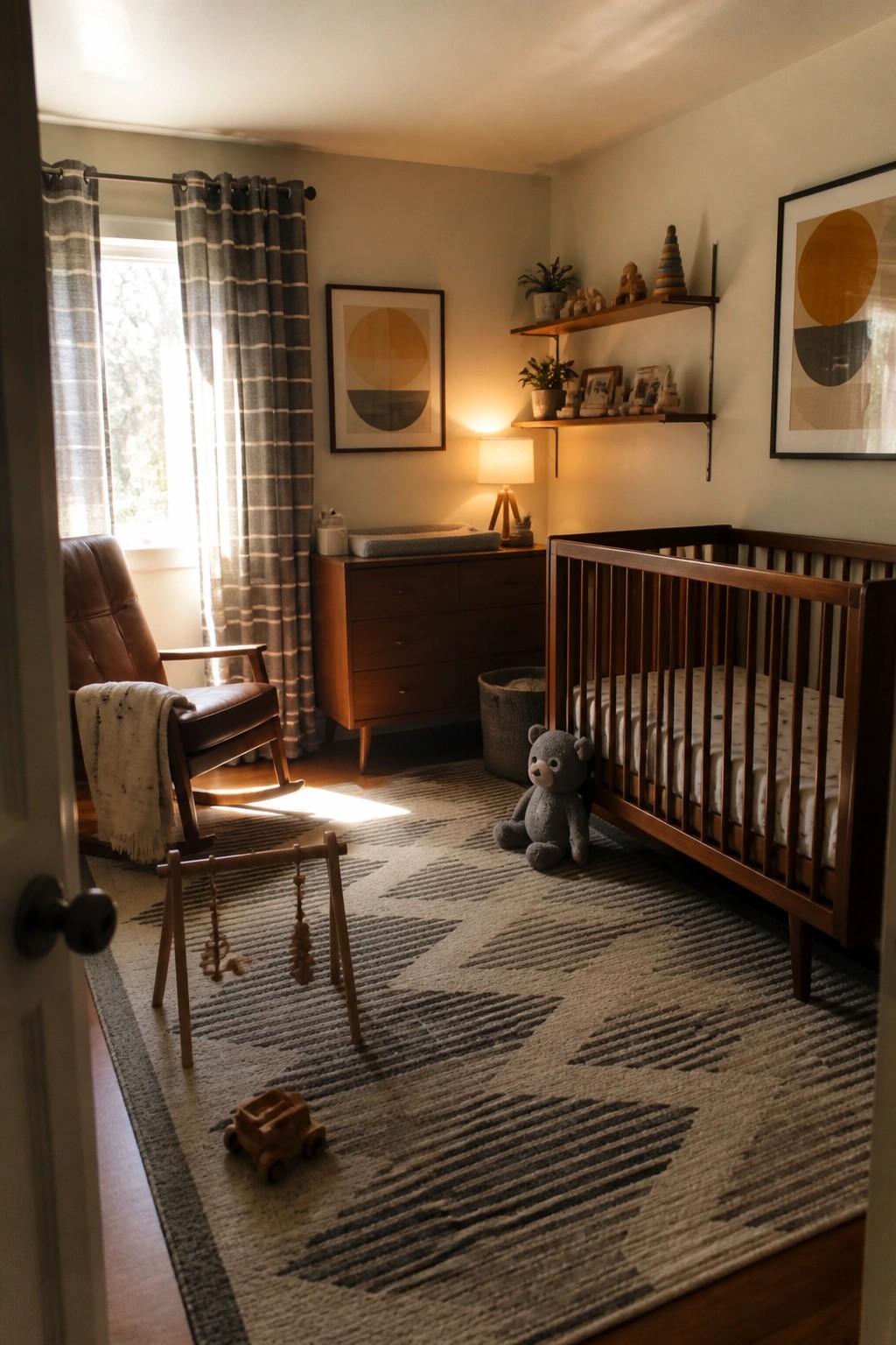 A mid-century modern nursery with a wooden crib, matching dresser, and leather rocking chair arranged on a geometric rug.