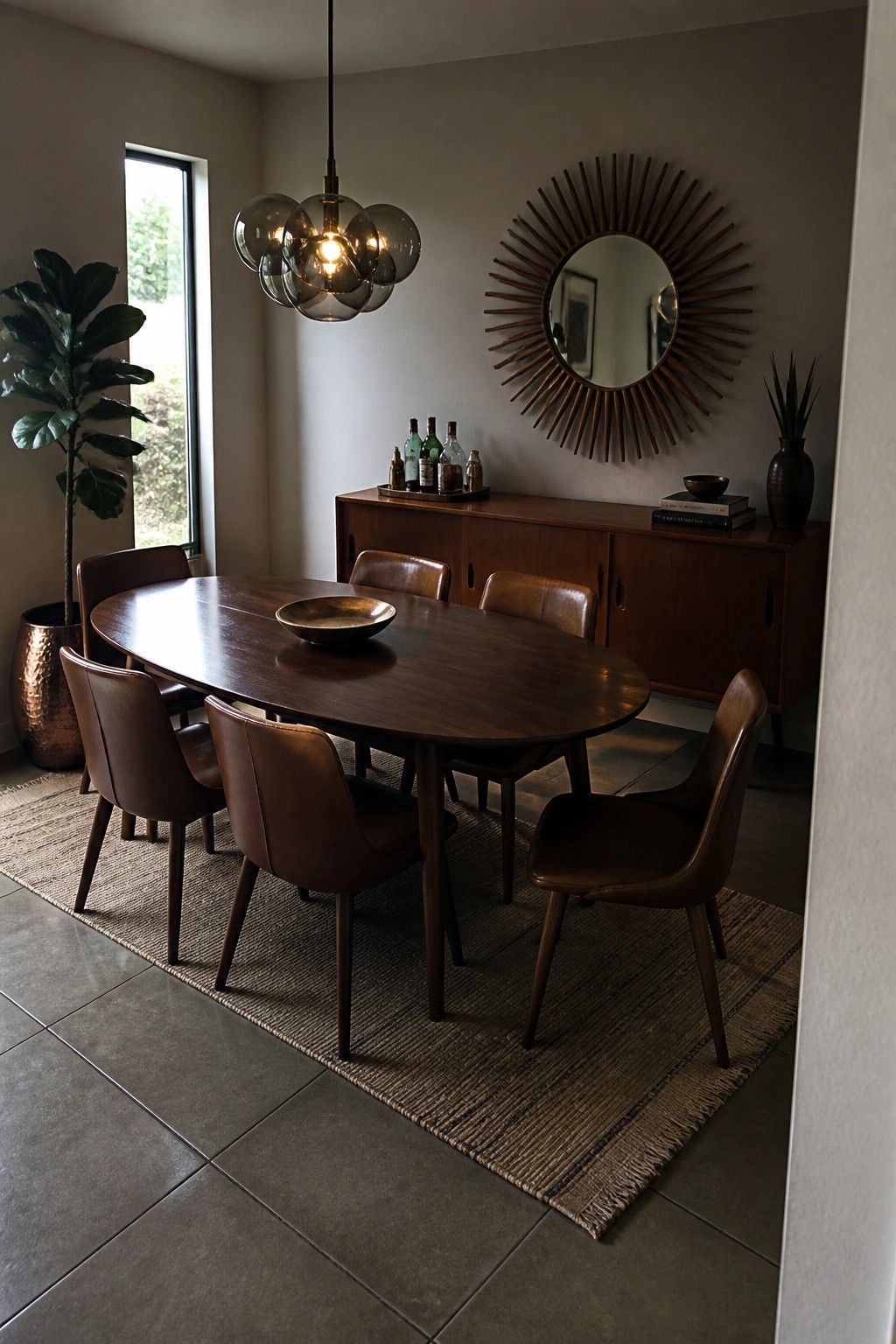 Modern dining room with oval wood table, brown leather chairs, sunburst mirror, and globe chandelier