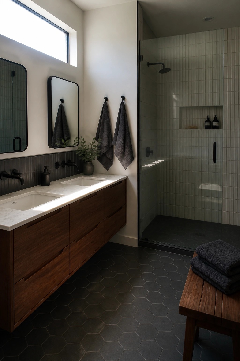 Modern bathroom with dark wood vanity, marble sinks, and gray tiled shower.