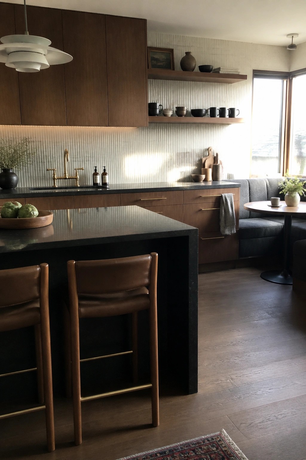 Modern kitchen with dark wood cabinets, leather bar stools, and brass fixtures