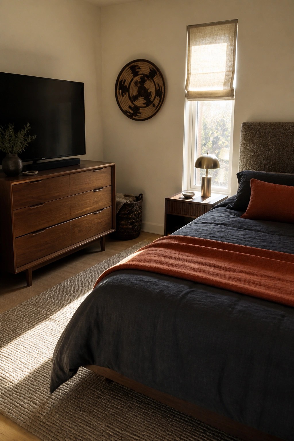 A bedroom interior featuring a wooden dresser with a television on top, a bed dressed in dark blue and rust linens, a round woven wall hanging, and a window with a rolled-up shade.