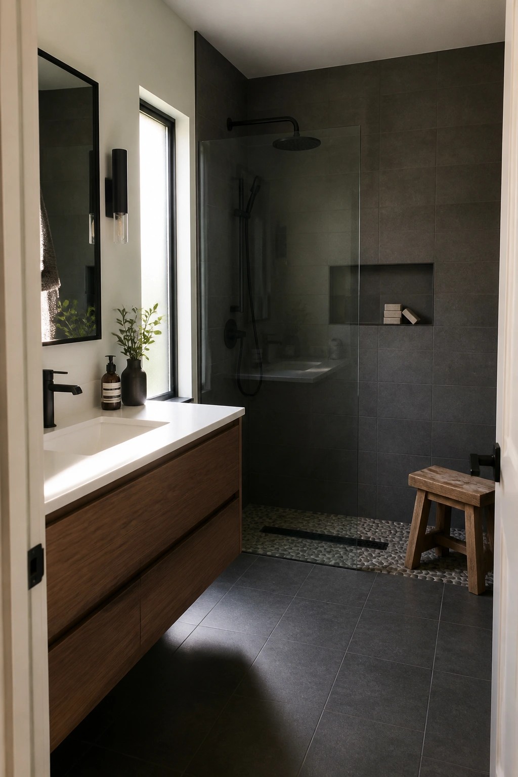 A modern bathroom with a floating wood vanity, white countertop, black fixtures, and a dark tiled shower enclosure.