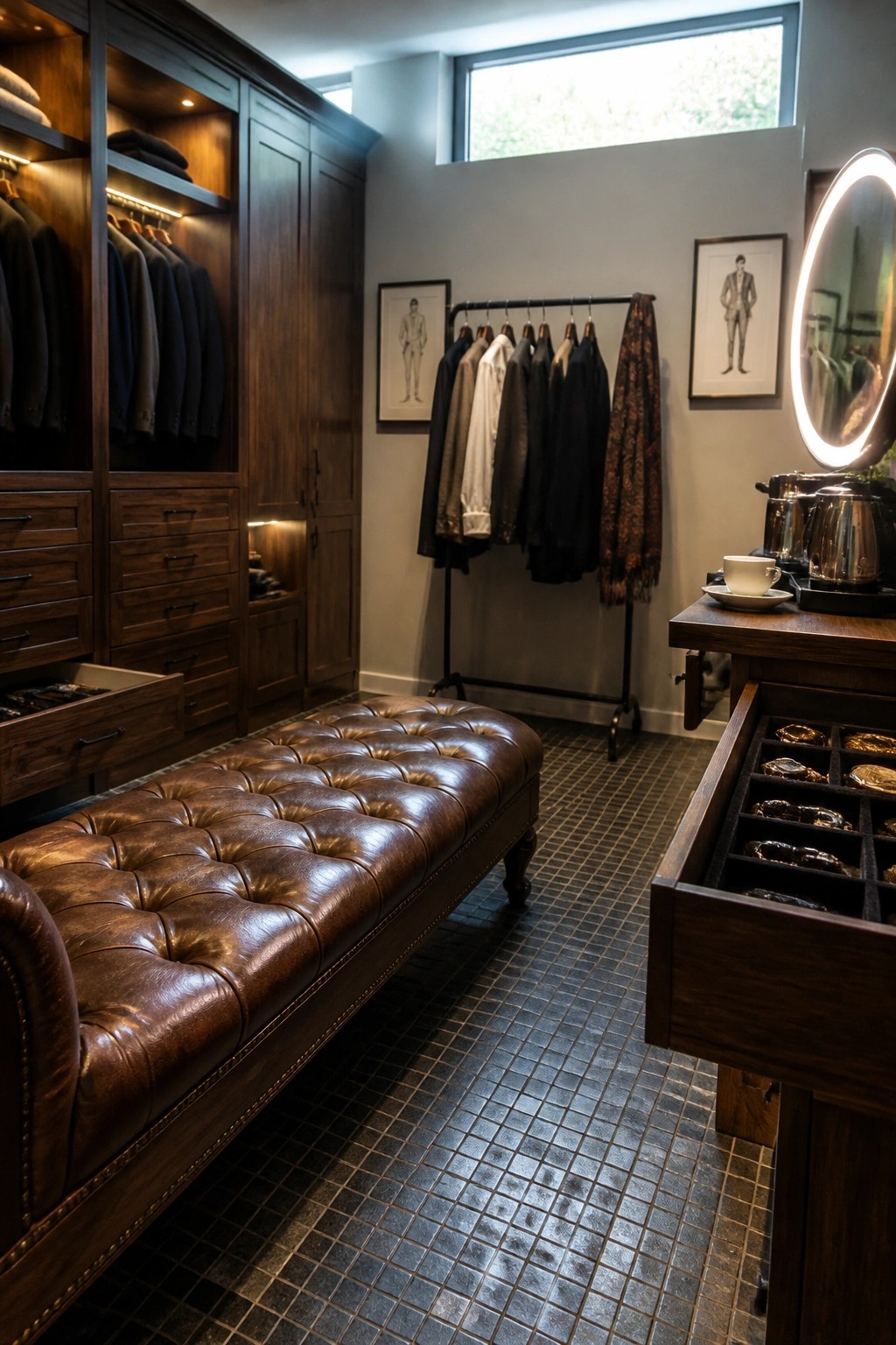 A walk-in closet with dark wood built-in cabinetry, a tufted brown leather bench in the foreground, and a black clothing rack against the back wall.