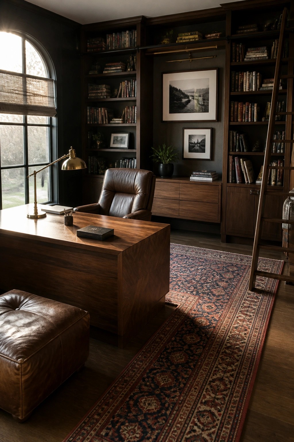 A home office featuring dark wood built-in bookshelves, a large wooden desk with a leather chair, and a patterned rug on the floor.