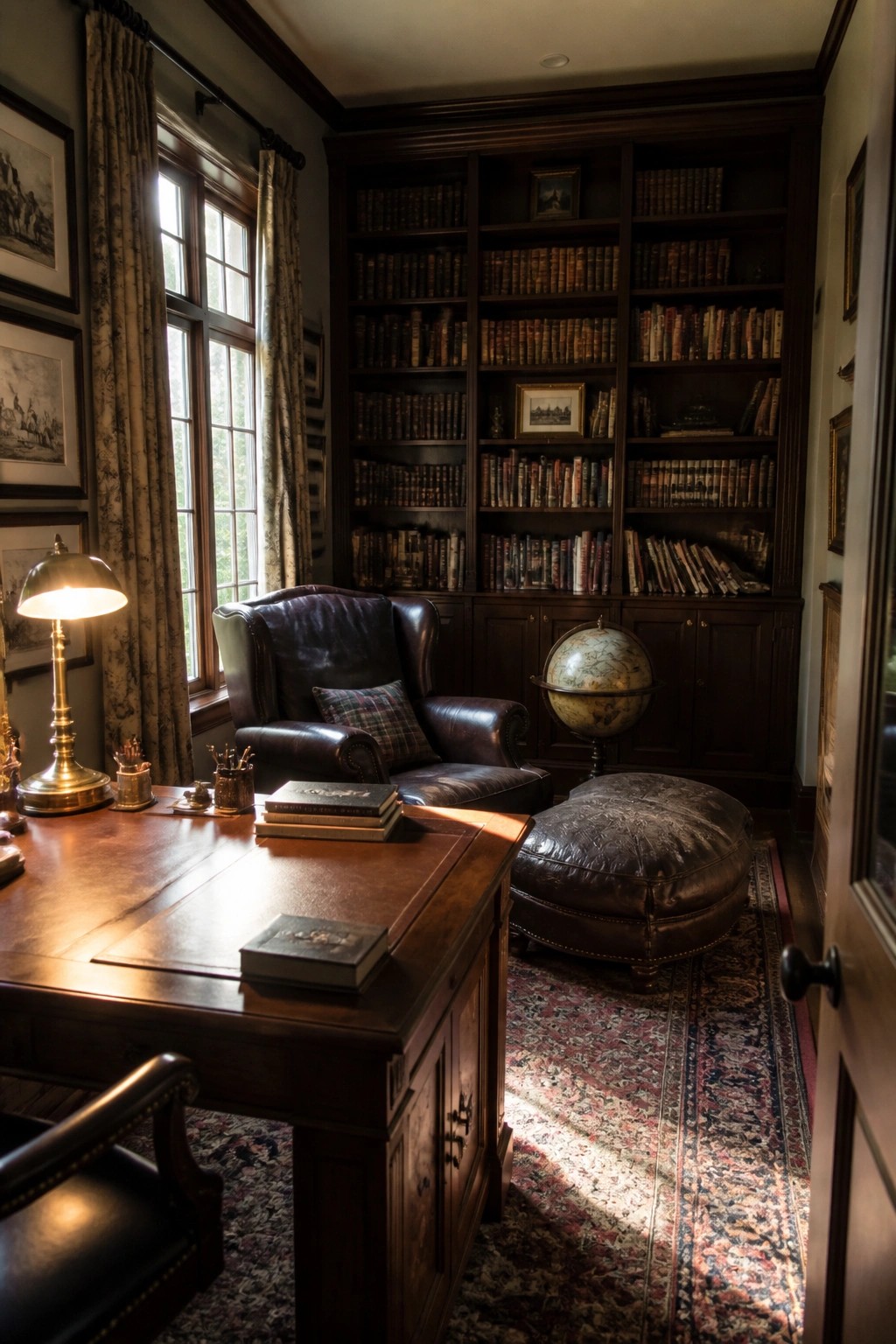 A home office interior with dark wood built-in bookshelves, a brown leather armchair and ottoman, a wooden desk, and a globe on a patterned rug.
