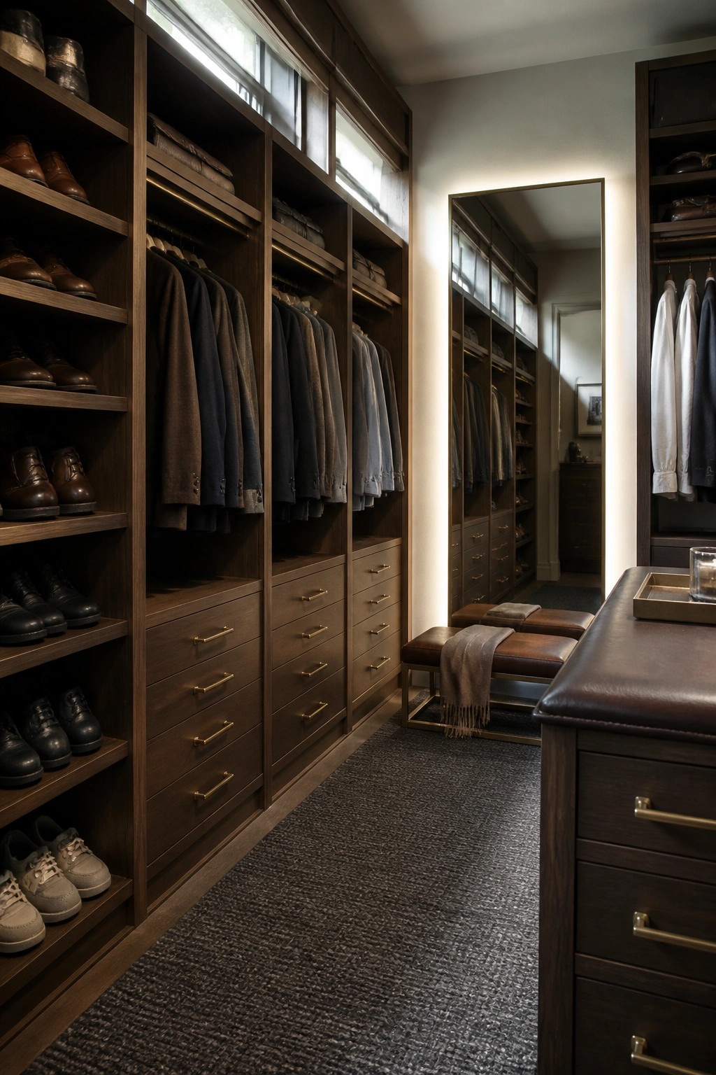 A walk-in closet lined with dark wood built-in shelves, drawers, and hanging rods, featuring a leather bench and a large backlit mirror.