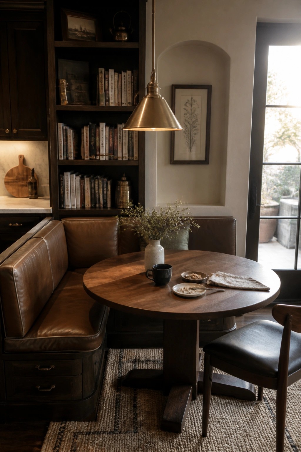 A round dark wood table with a leather banquette on one side and a wooden chair on the other, set in front of built-in bookshelves.