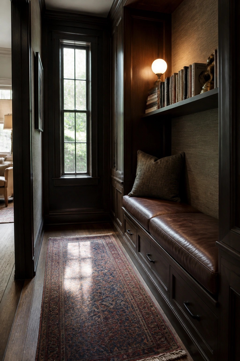 A narrow interior hallway with dark wood paneling, a built-in brown leather bench with storage drawers below, books on a shelf above, and a patterned rug on the wood floor.