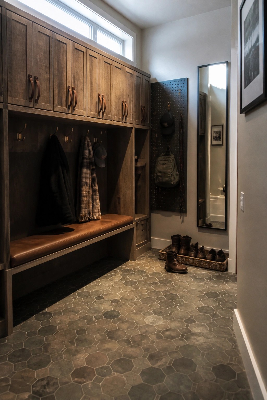 A narrow interior mudroom with dark wood built-in cabinets, hooks, open cubbies, and a brown leather bench seat over hexagonal floor tiles, holding boots, bags, and jackets.