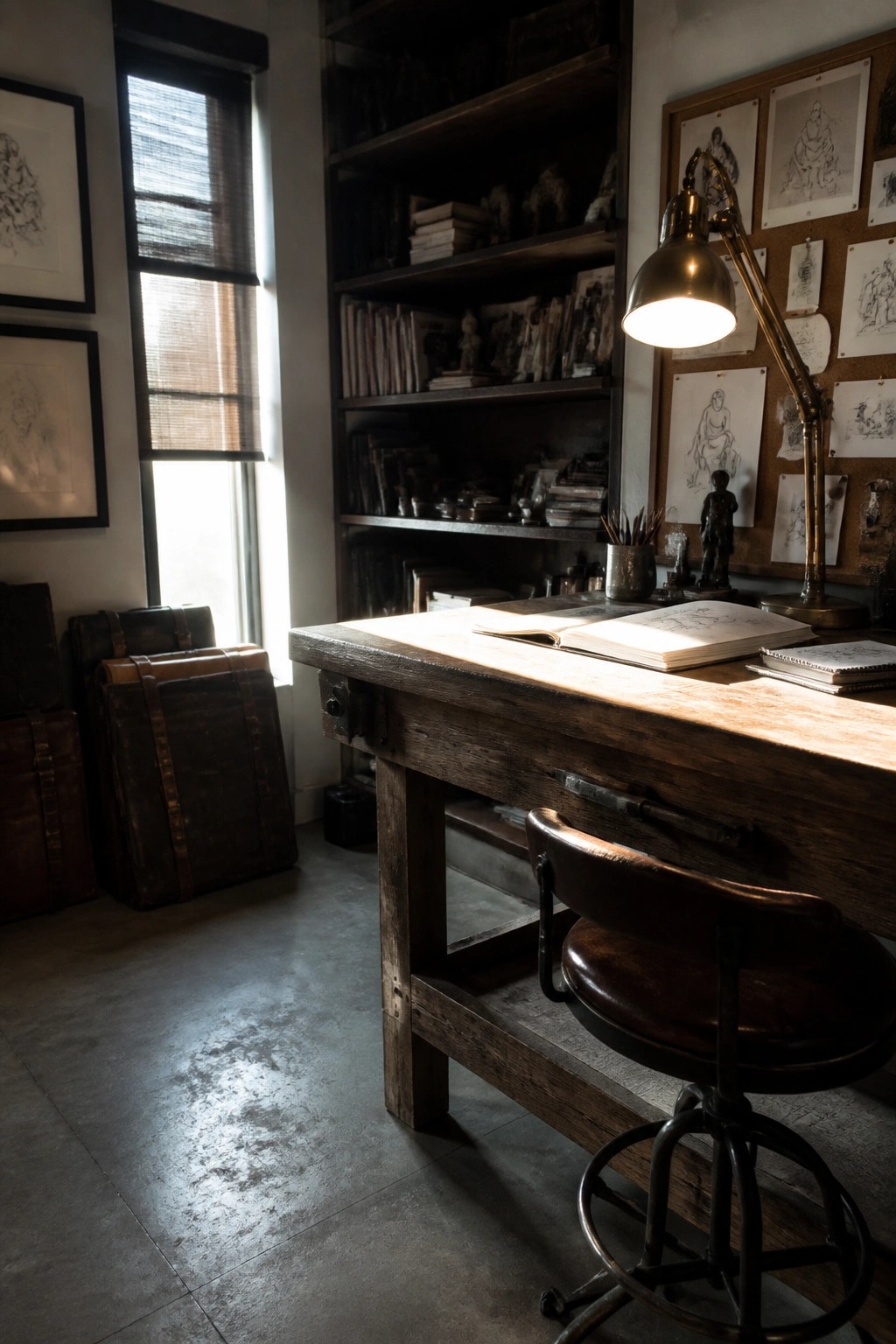 A wooden desk with an open sketchbook sits under a lit brass lamp beside a brown leather swivel chair in a room lined with bookshelves and pinned drawings.